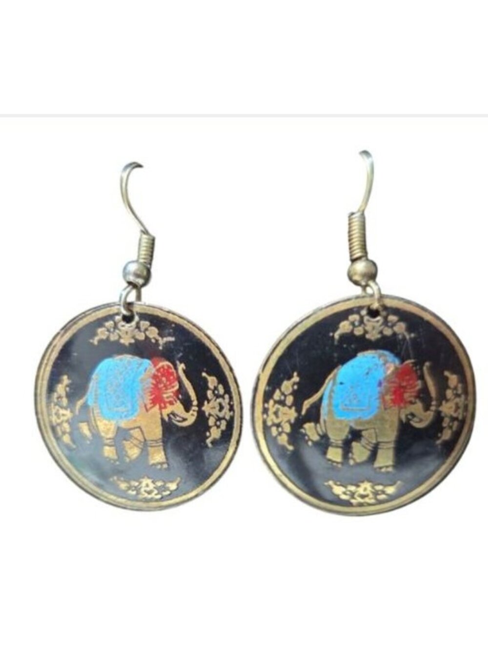 Hand Painted Elephant Design Drop Earrings Black Gold Tone Finish Jewelry Women